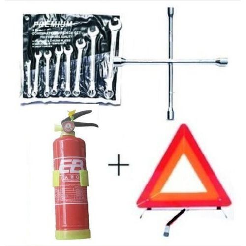 Fire Extinguisher + Wheel Spanner + 8 Pcs Flat & Ring Spanner + C-Caution Sign