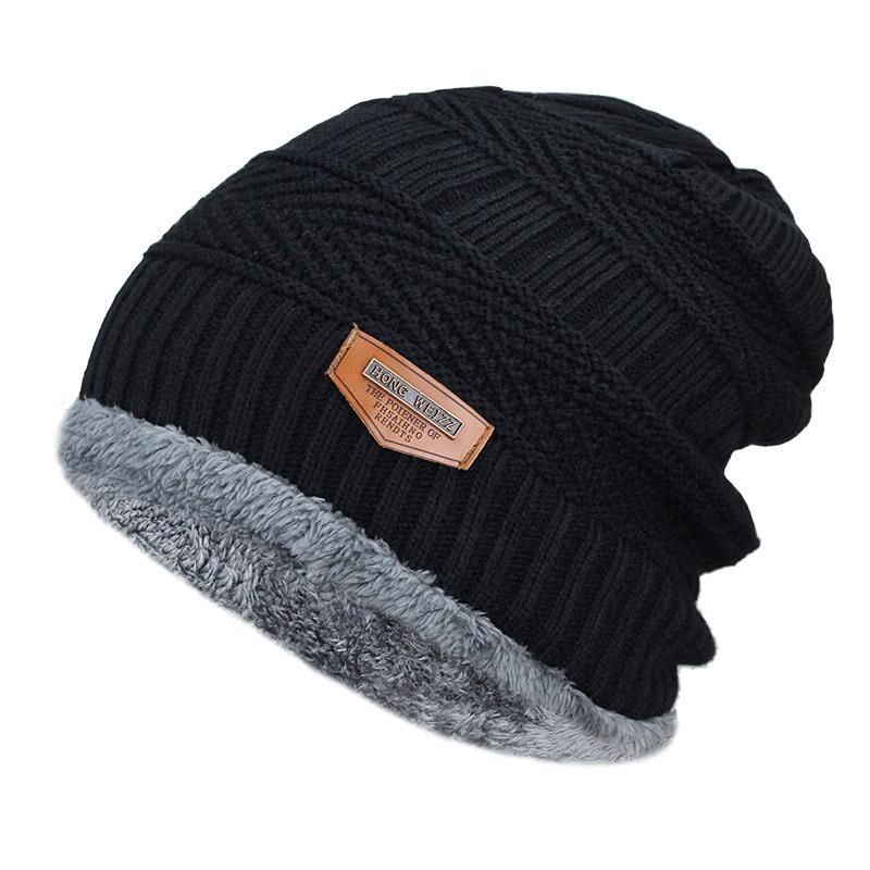 New Brand Solid Color Knit Beanie Hat Men's Winter Hats Boy Warm Plus Velvet Thicken Hedging Cap Skullies Wool Bone Male