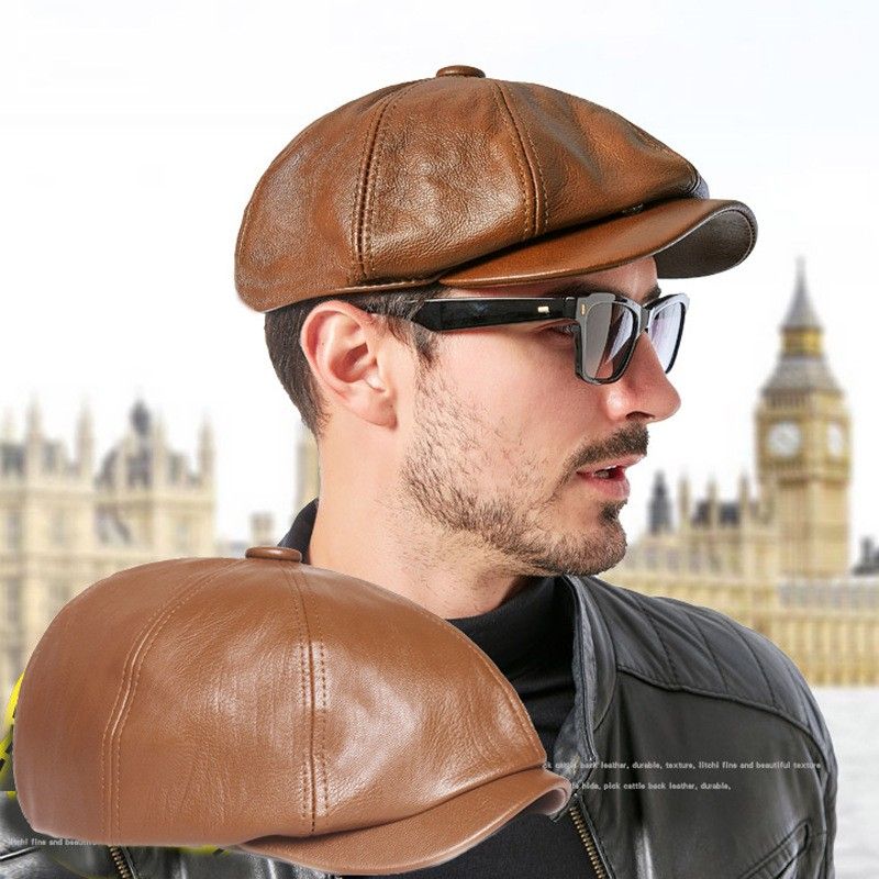 Octagonal Leather Hat Men's And Women's Cowhide Beret Men's Rebate Cap