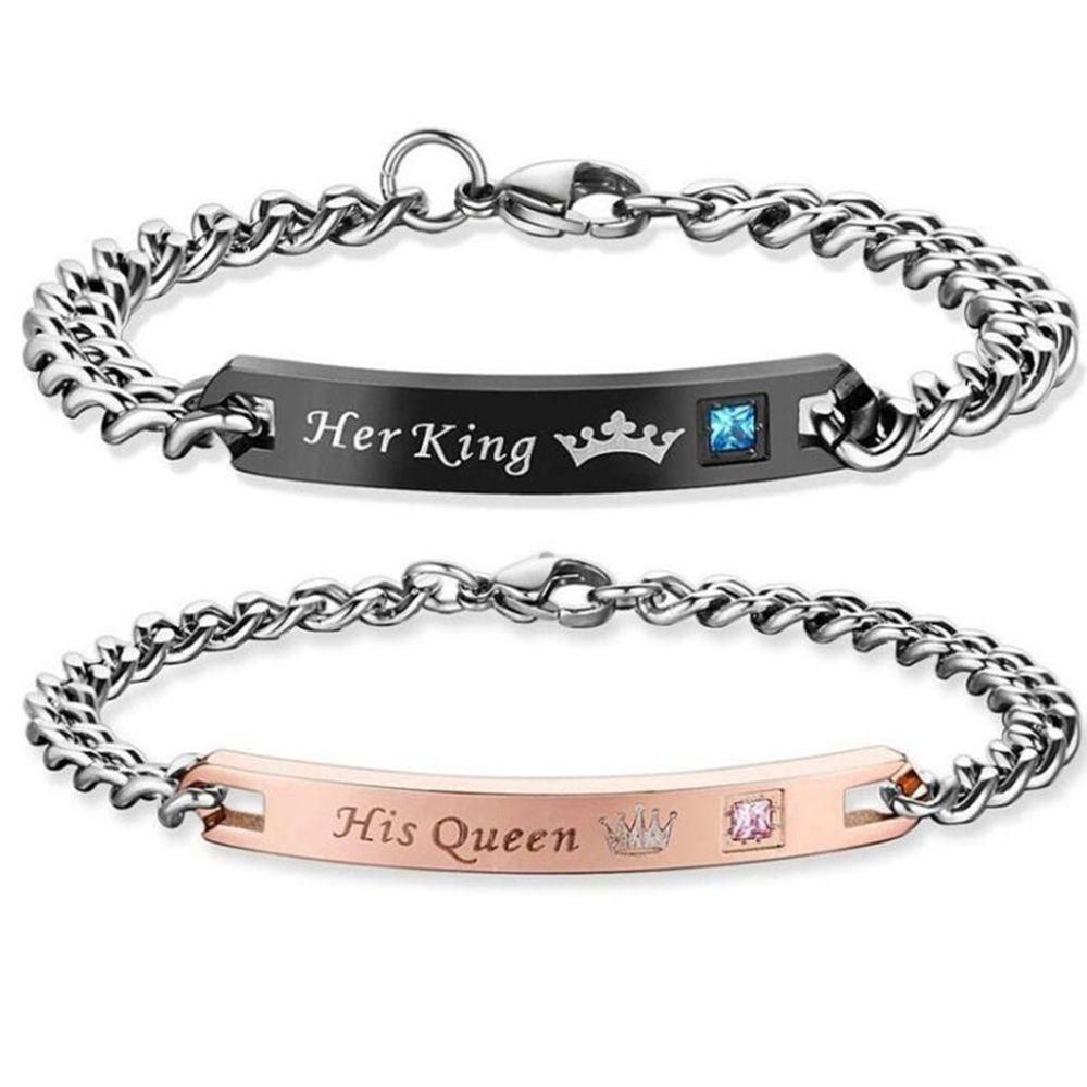 His Queen Her King Titanium Steel Couple Bracelets Wrist Chain Jewelry