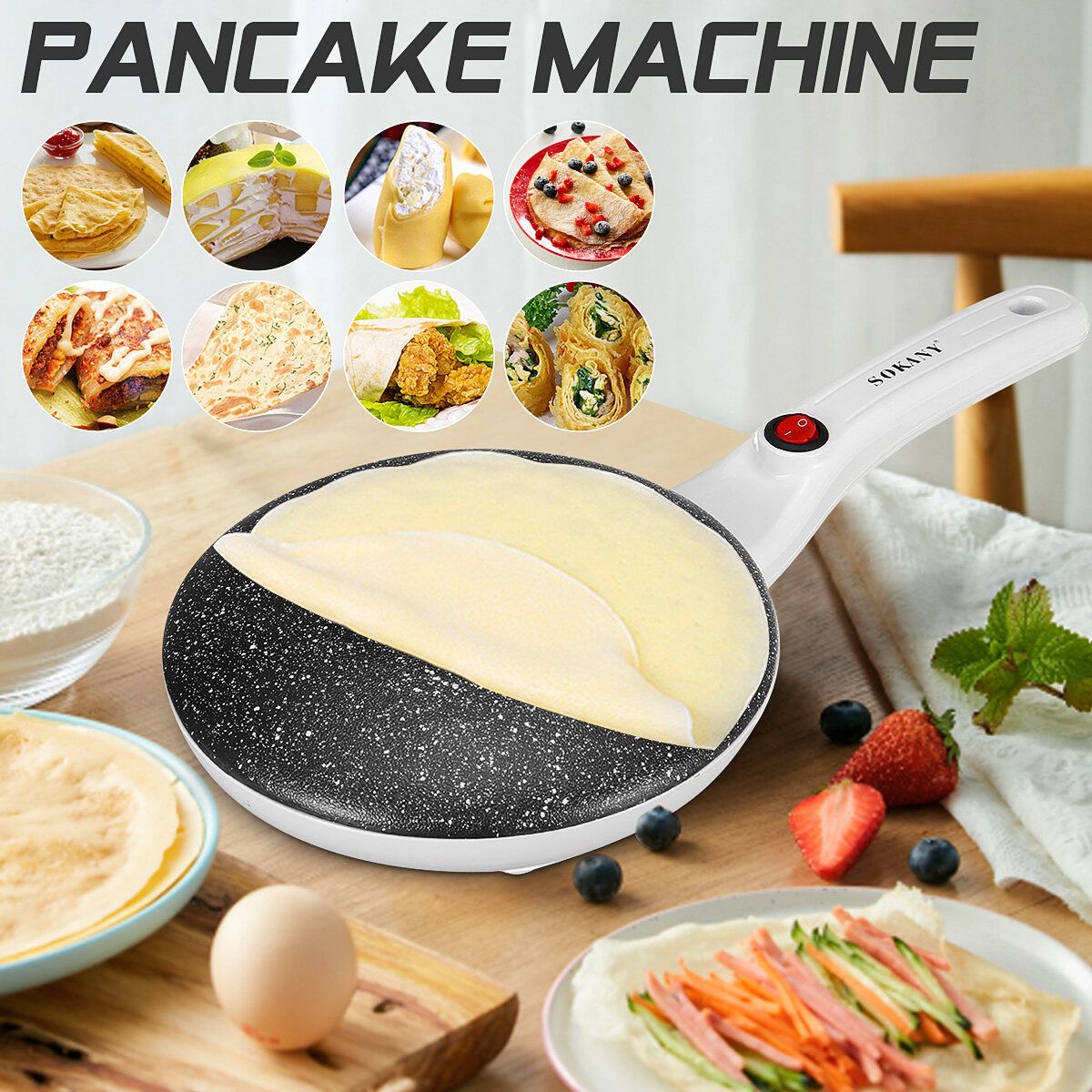Sokany Electric Pancake Pan Maker Eggs Roll Ice Cone Roller Omelette Baking Crepe Dessert Maker Pan Pizza Non Stick Machine Black