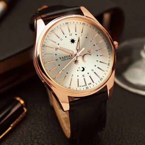 Men Waterproof Leather Wristwatch - Black