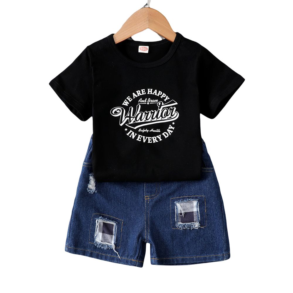 2-6 Years Kid Boy Set Alphabet Printing T-shirt+Ripped Denim Shorts