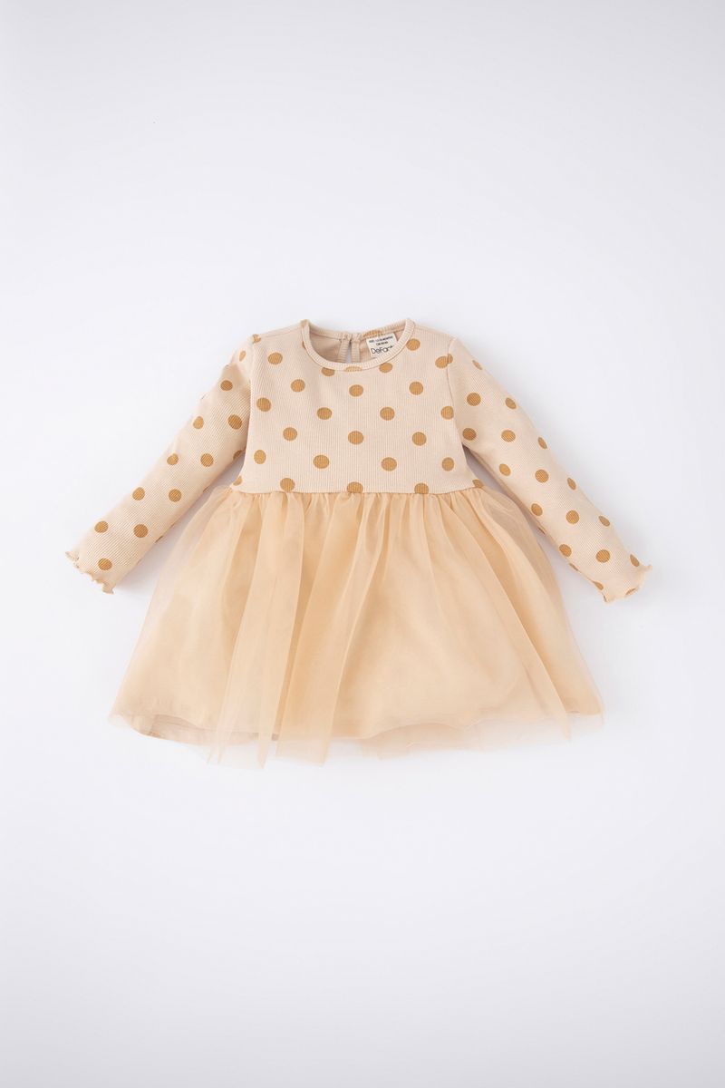Babygirl Regular Fit Bike Neck Long Sleeve Dress -Beige