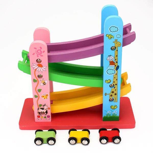 Baby Children Wooden Roller Coasters Slide Three Layer Gliding Car