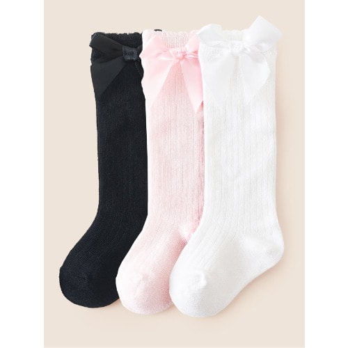 3 In 1 Girls Knee Socks With Stylish Bow - Pink, White, Black