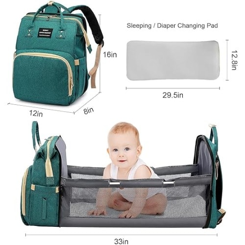 Multifunctional Foldable Baby Travel Diapers Bag With Bed Crib - Green