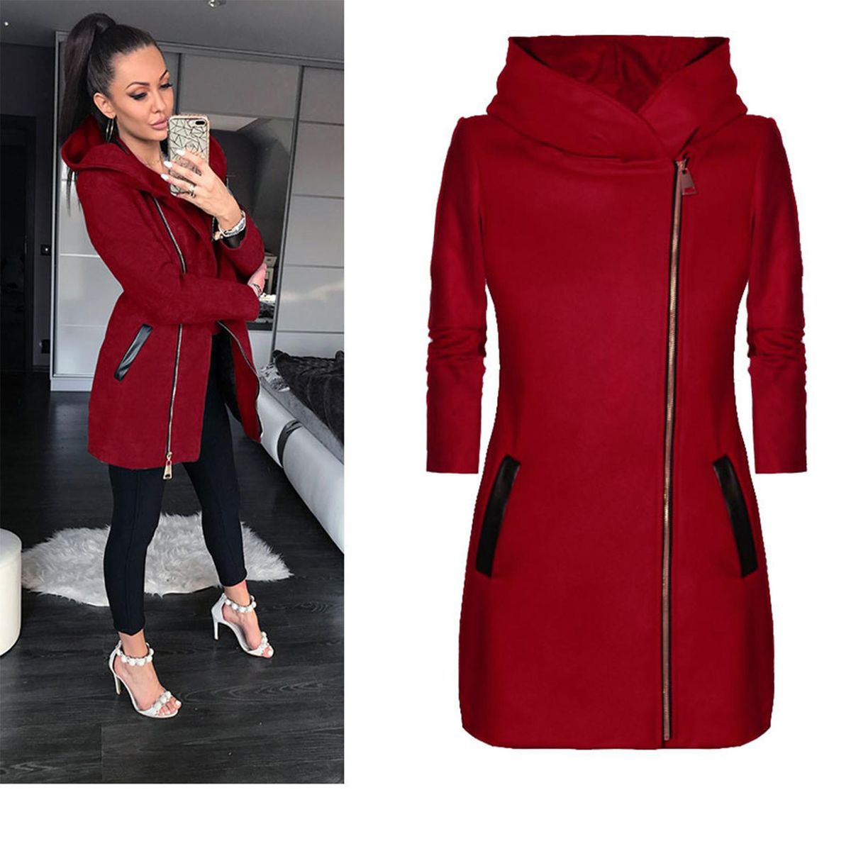 Women's Winter Jacket with Hood & Pockets Side Zipper