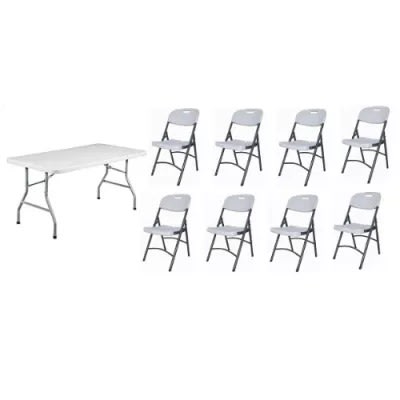 Rectangular 6feets Plastic Table With Foldable Metal Legs And 8 Bouquet Folding Chairs