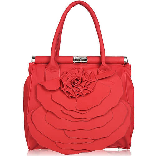 Ruffled Front Rose Flower Frame Handbag - Red