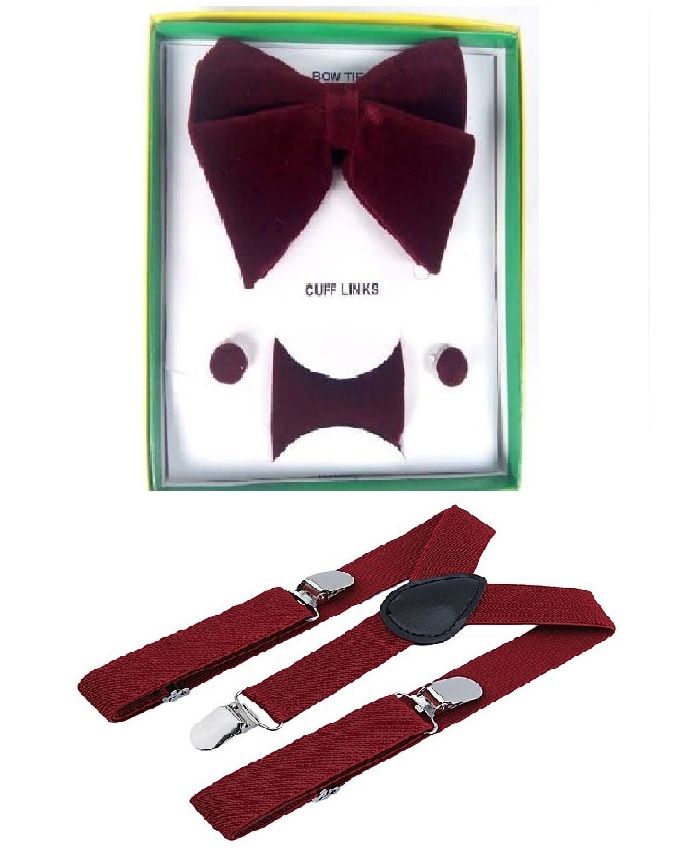 Suspenders Belt And Bow Tie With Cuff Links For Men - Wine