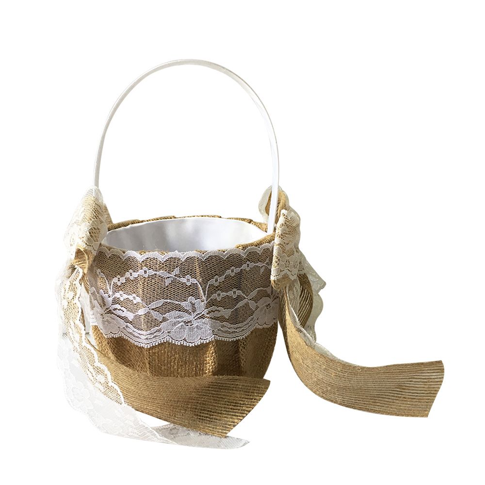 Wedding Flower Girl Basket Vintage Burlap Lace Bowknot