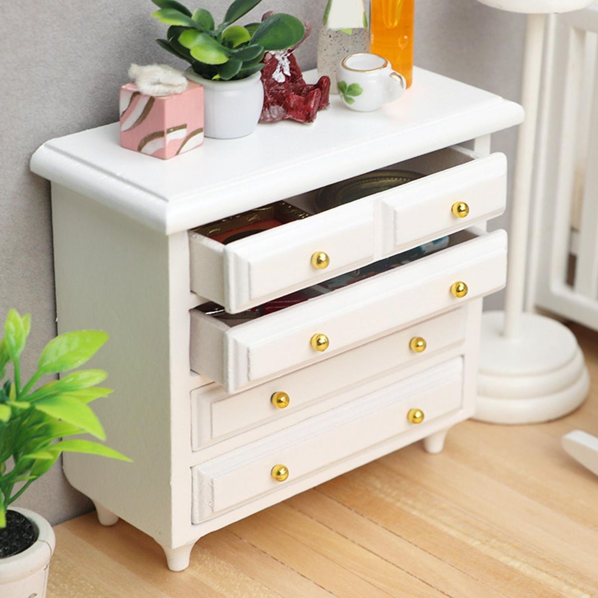Dollhouse Cabinet Mini Bedroom Wooden Bed Side Cabinet Play House Toy White