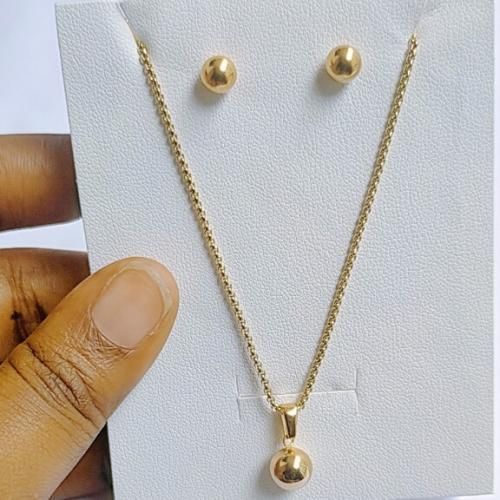 Non Tarnish Ball Pendant & Tiny Linked Chain Necklace With Stud Earrings Set