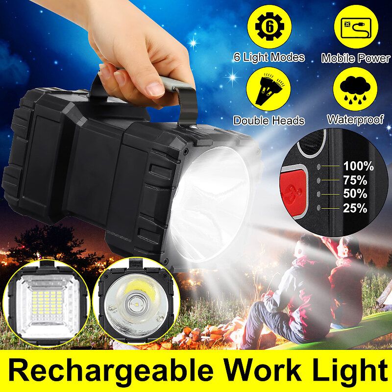 LED Waterproof USB Rechargeable Dual Head Searchlight Handheld Flashlight Work Light Spotlight Floodlight Camping Lantern Outdoor Torch Emergency Security P70 Style