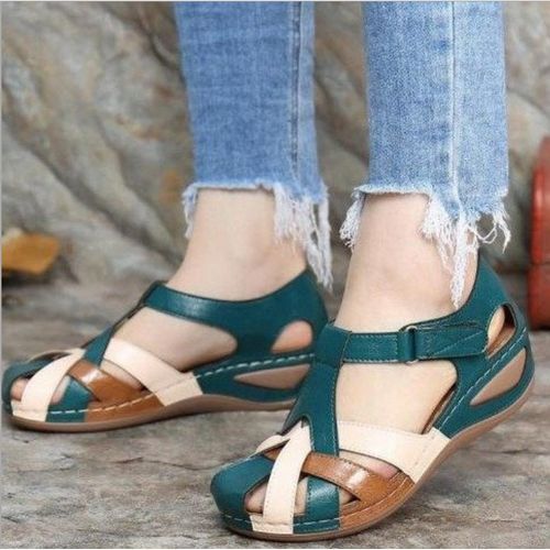 Ladies Fashion Round Toe Wedge Sandals-Green