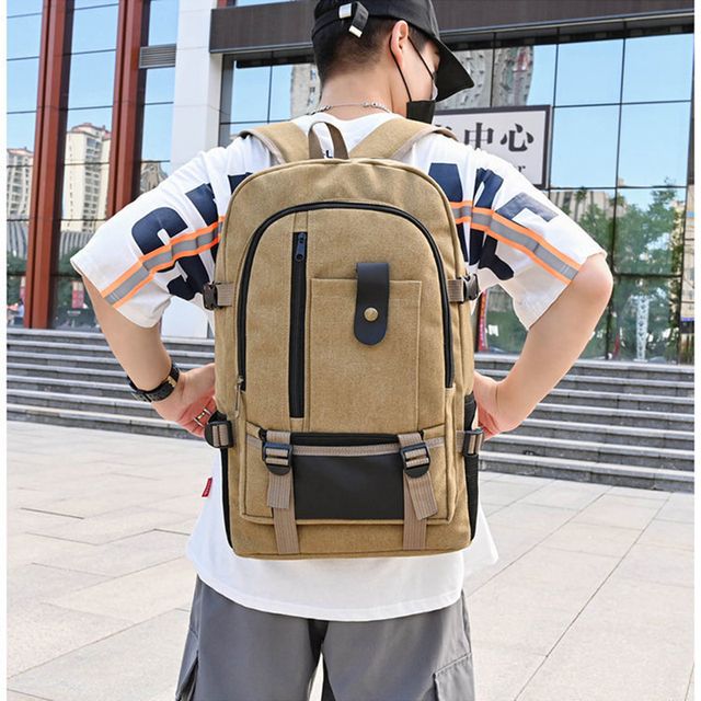 Casual Camping Male Backpack LapBackpack Hiking Bag Large Capacity Men Travel Backpack Canvas Fashion Youth Sport Bags(#Khaki)