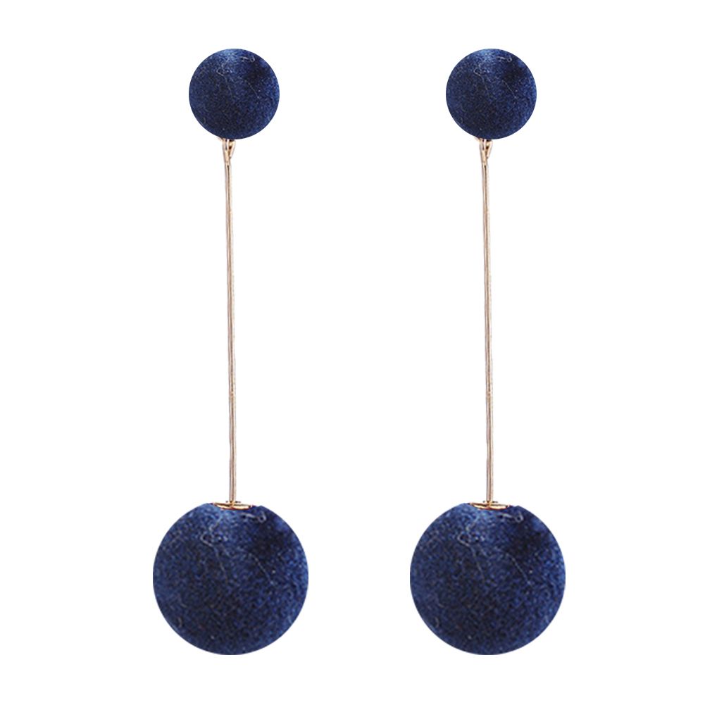 Women Double Faux Fur Ball Long Dangle Earrings-Blue