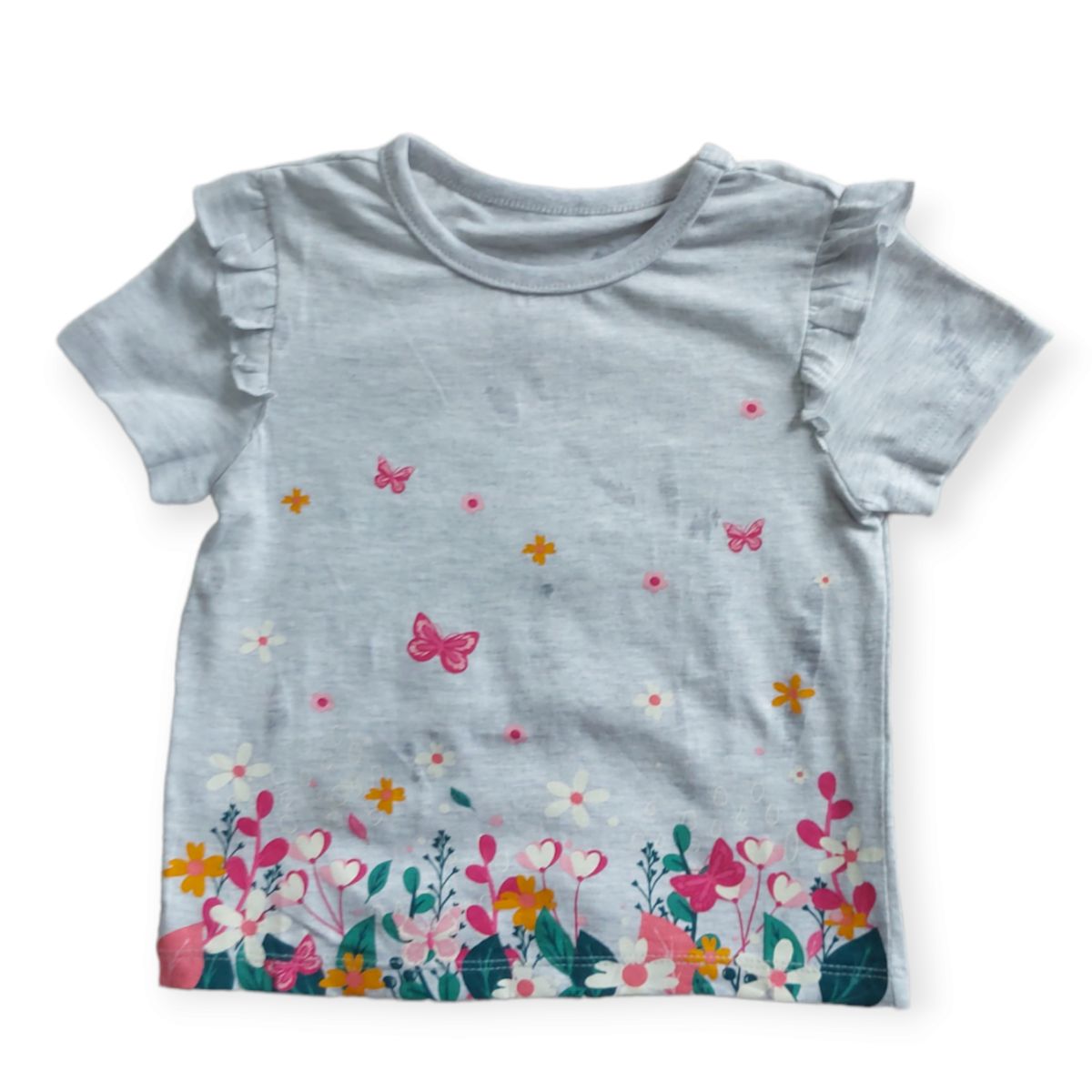Frill Sleeve Floral  Girl Top- Grey