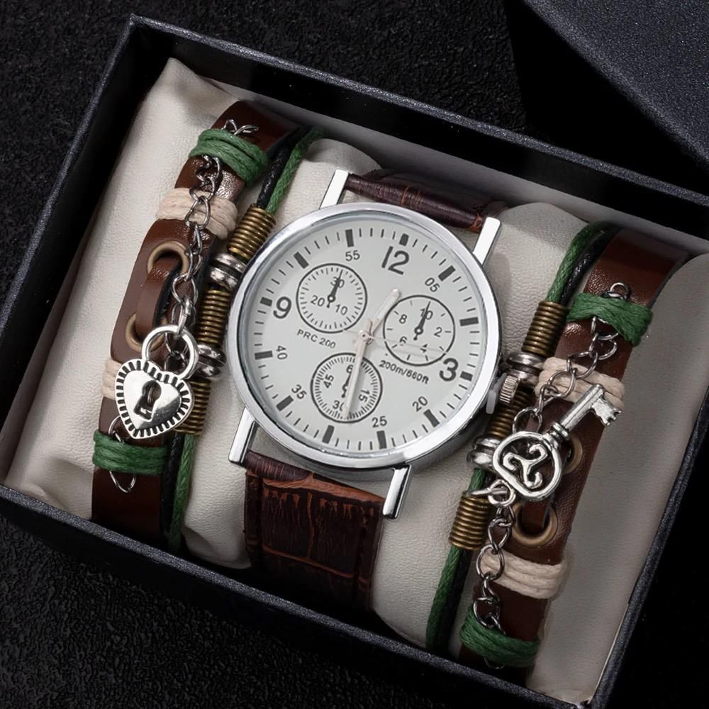 3 In 1 Leather Hand Quartz Watch Set With Box