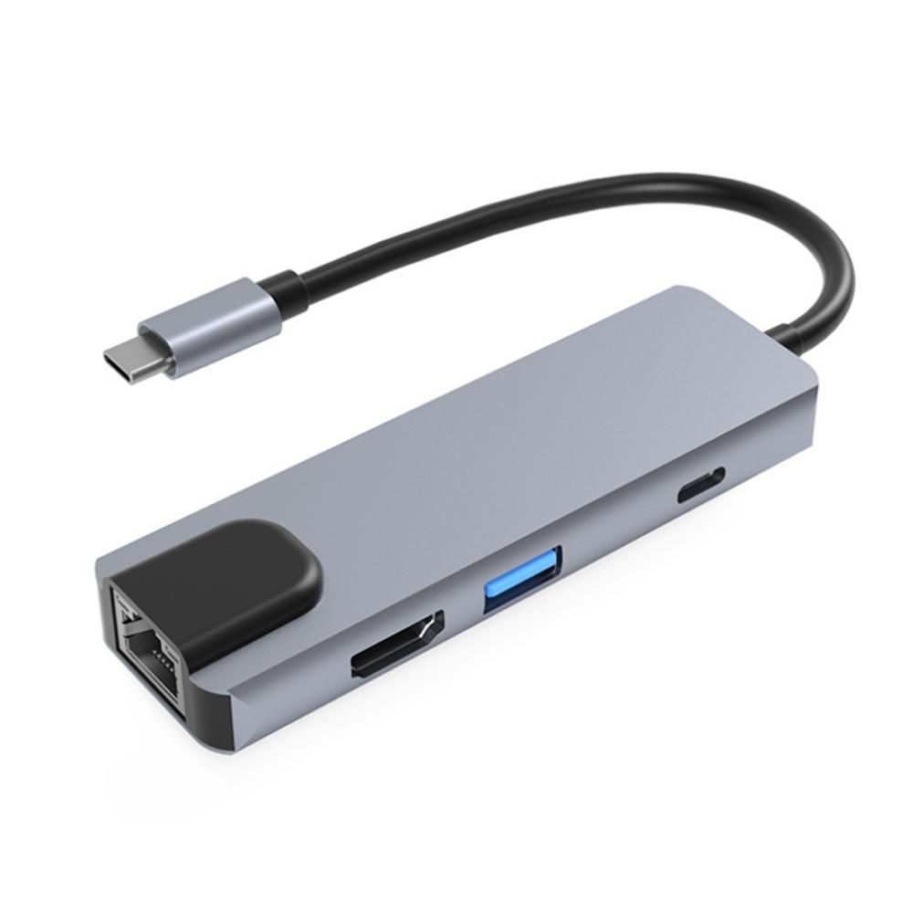 6-in-1 Type-C Hub Multifunctional Type-C Converter Aluminum Alloy Shell with 100M RJ45 HD USB3.0 PD Ports SD TF Card Slots