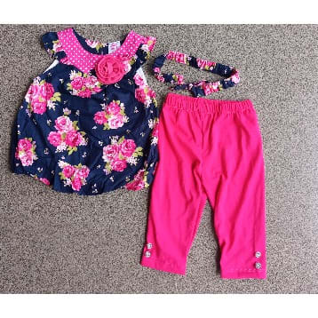 3Piece  Baby Girl Short Dress + Trouser & Hair Bow Set