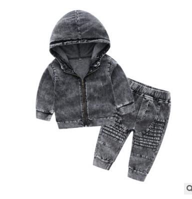 Autumn New Charismatic Guy Children's Hooded Long-sleeved Knit Denim Suit Boy Two-piece XYX(#Black)