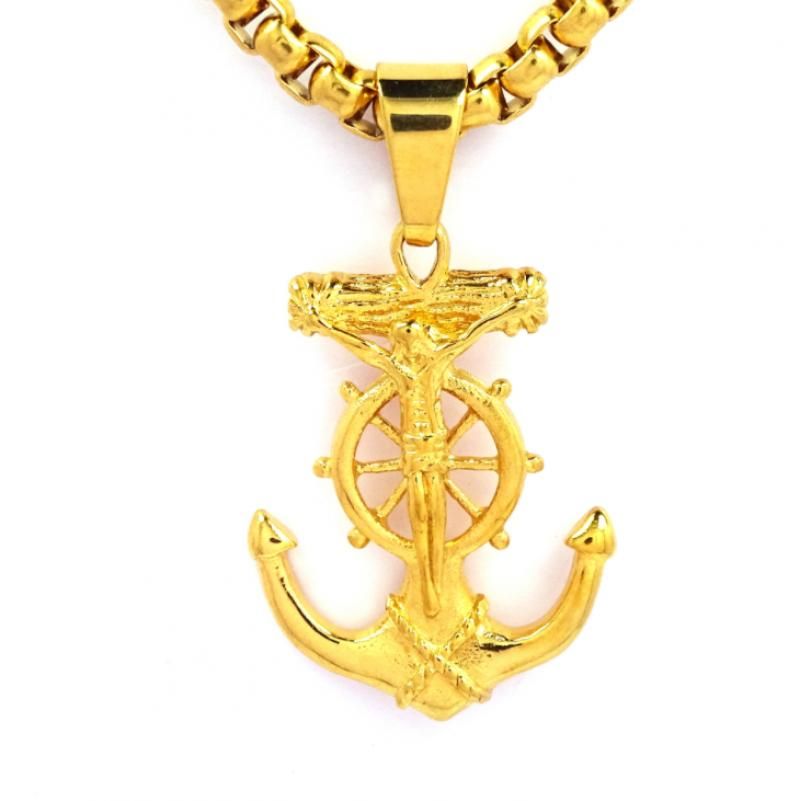 Hip Hop Punk Ship Captain Wheel Rudder With Anchor Nautical Charm Pendant Necklace For Men Fashion Jewelry Gold