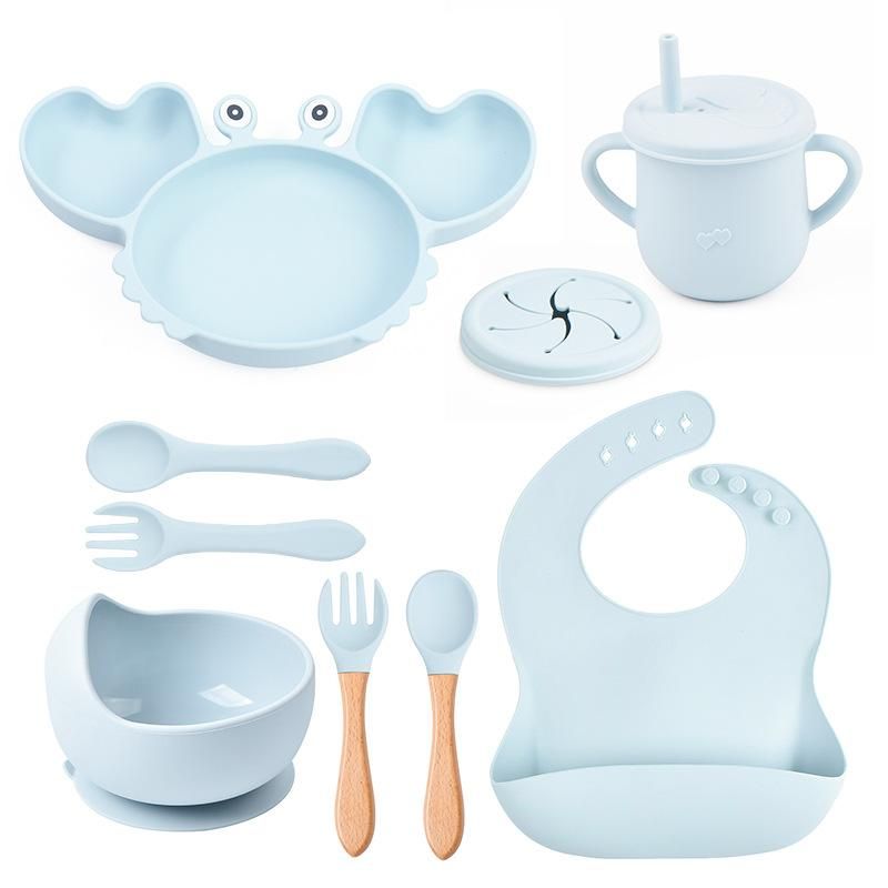 Silicone Crab Dinner Plate Baby Bib Baby Children Bowl Tableware Spoon Fork Anti-fall Snack Cup Set Manufactor Wholesale Y5 set