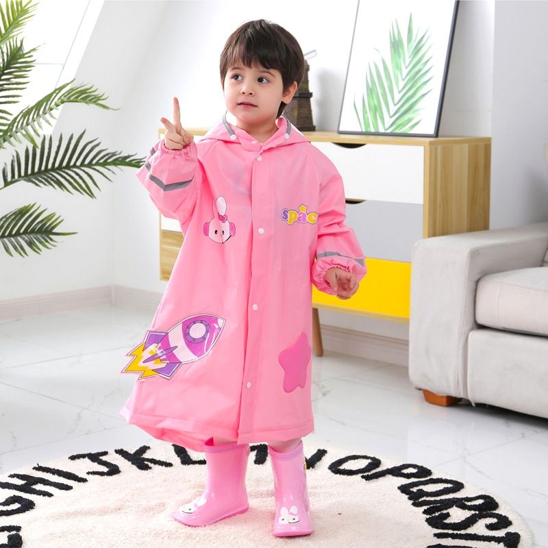 Large Hat Brim Cartoon Print Children Raincoat With Schoolbag Seat-Pink
