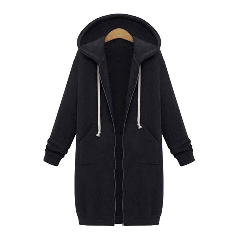 2020 Autumn Winter Casual Women Long Hoodies Sweatshirt Coat Zip Up Outerwear Hooded Jacket Plus Size Outwear Tops