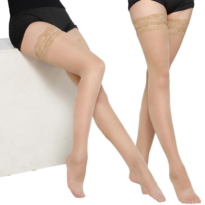 2 Pairs Of Women's   Stockings Skin-colored, Lace Stockings   Nylon