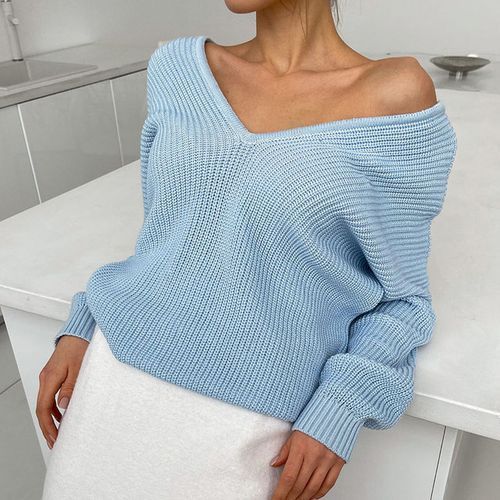 Womens Sweater Knitted V Neck Knit Pullover Long Sleeve Warm Women Sweaters