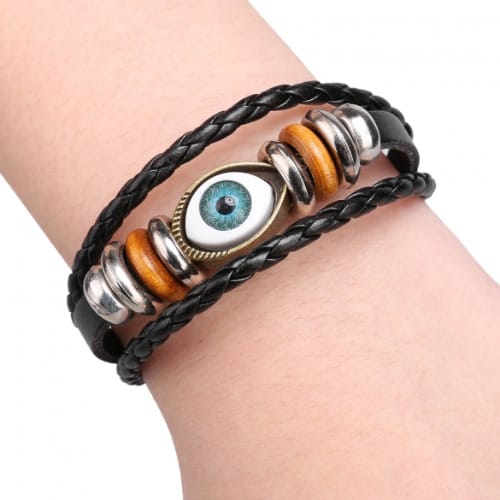 Unisex Turkey Blue Eyes Braided Cowhide Bracelet - Black