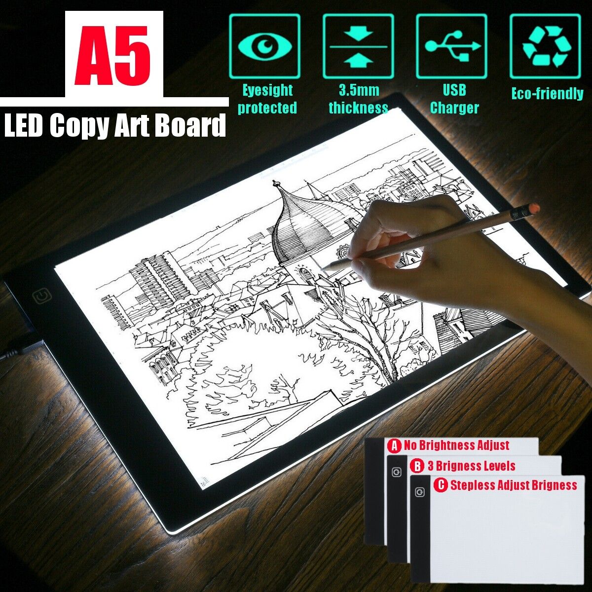A5 3.5mm LED Light Art Copy Board Tracing Tattoo Box Pad Slim With USB Cable Stepless Adjust Brigness