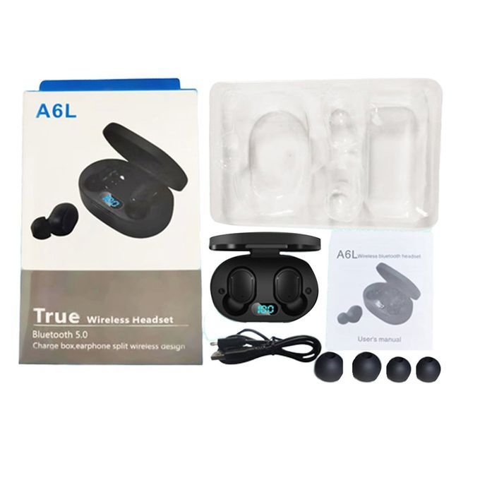 A6L Wireless Stereo Headset Invisible With  Harging Bin Sports Headphones-black