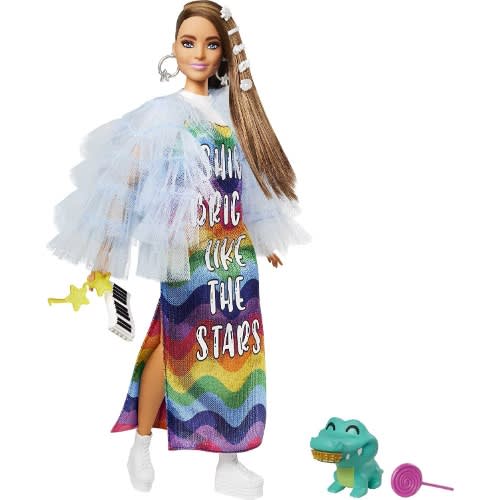 Barbie Doll GYJ78 with Long Brunette Hair - Bling Clips and Pet Crocodile