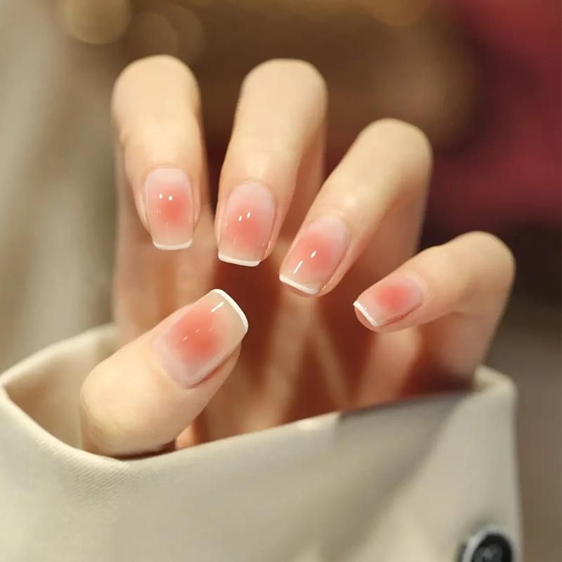 24PCS French Tips Glitter Stone Glossy Nude Short Press On Nails
