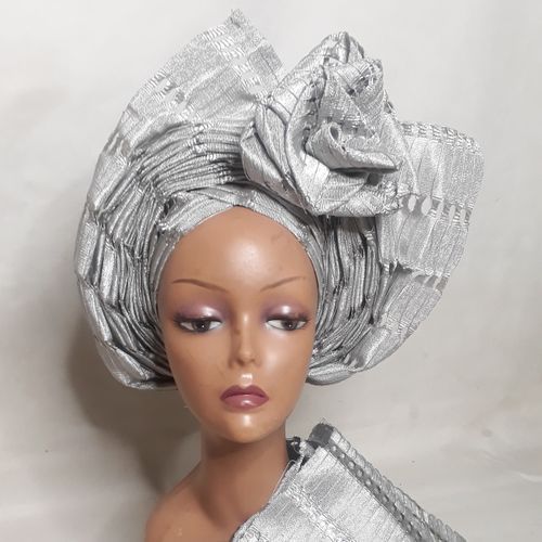 Auto Gele And Ipele In Shiny Silver Asooke