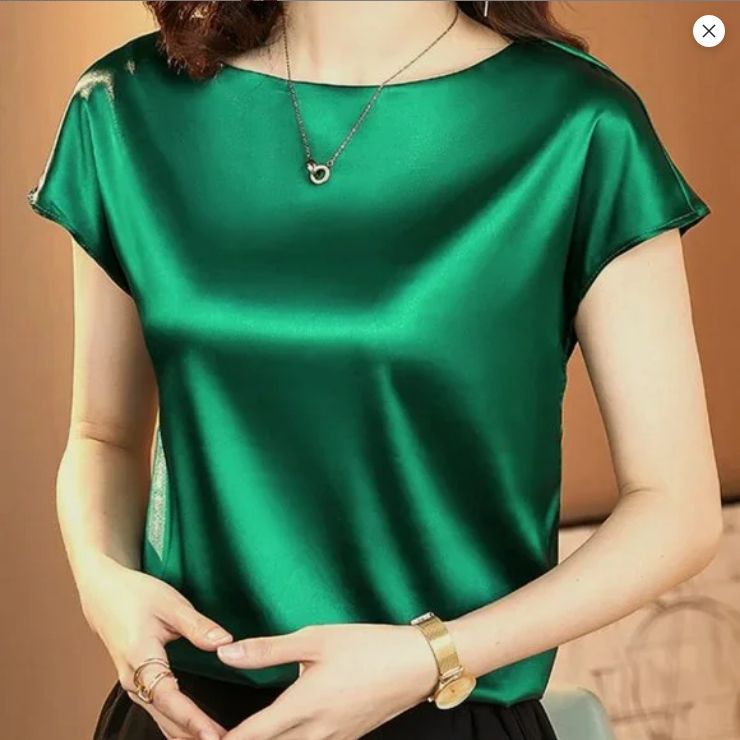 Ladies Casual Top Satin Silk Women Work Shirt Top- Green