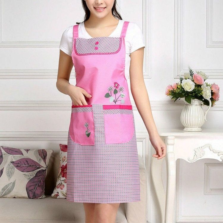 Home Adult Sleeveless Waterproof Grid Anti-oil Aprons With Double Pocket(Pink)