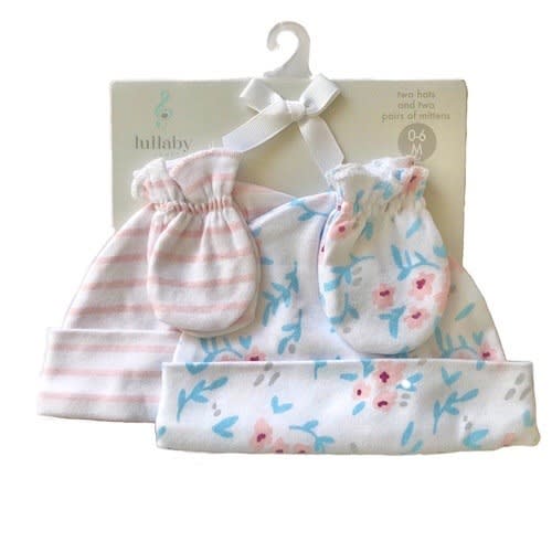Lullaby Lane Baby Girl Newborn Cap Hat & Mitten Set 4 Pcs Set