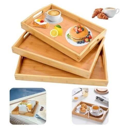 Polished 3 In 1 Natural Bamboo Wooden Serving Tray