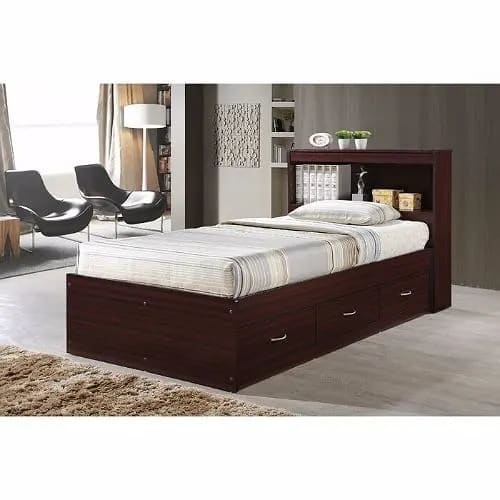 Platform Bed With Drawers And Bookcase - Mahogany