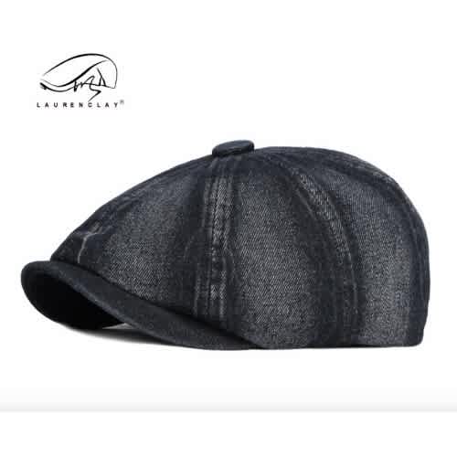 Men's Denim Octagonal Cap Panama Hat #2- Black