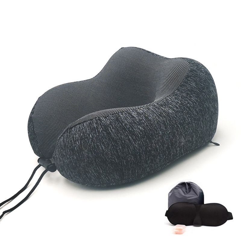 U-Shape Travel Pillow Pure Memory Foam Neck-Ice Silk Gray Set