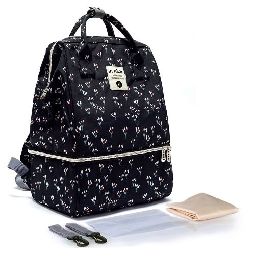 Baby Diaper Bag With Insulated Cooler Bag For Breast Milk And Lunch -Flowery  Black 26x19x36CM