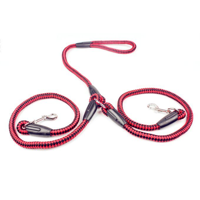 Strong Nylon Ribbon Double Dog Leash One Drag Braided Tangle Traction Rope Red & Black