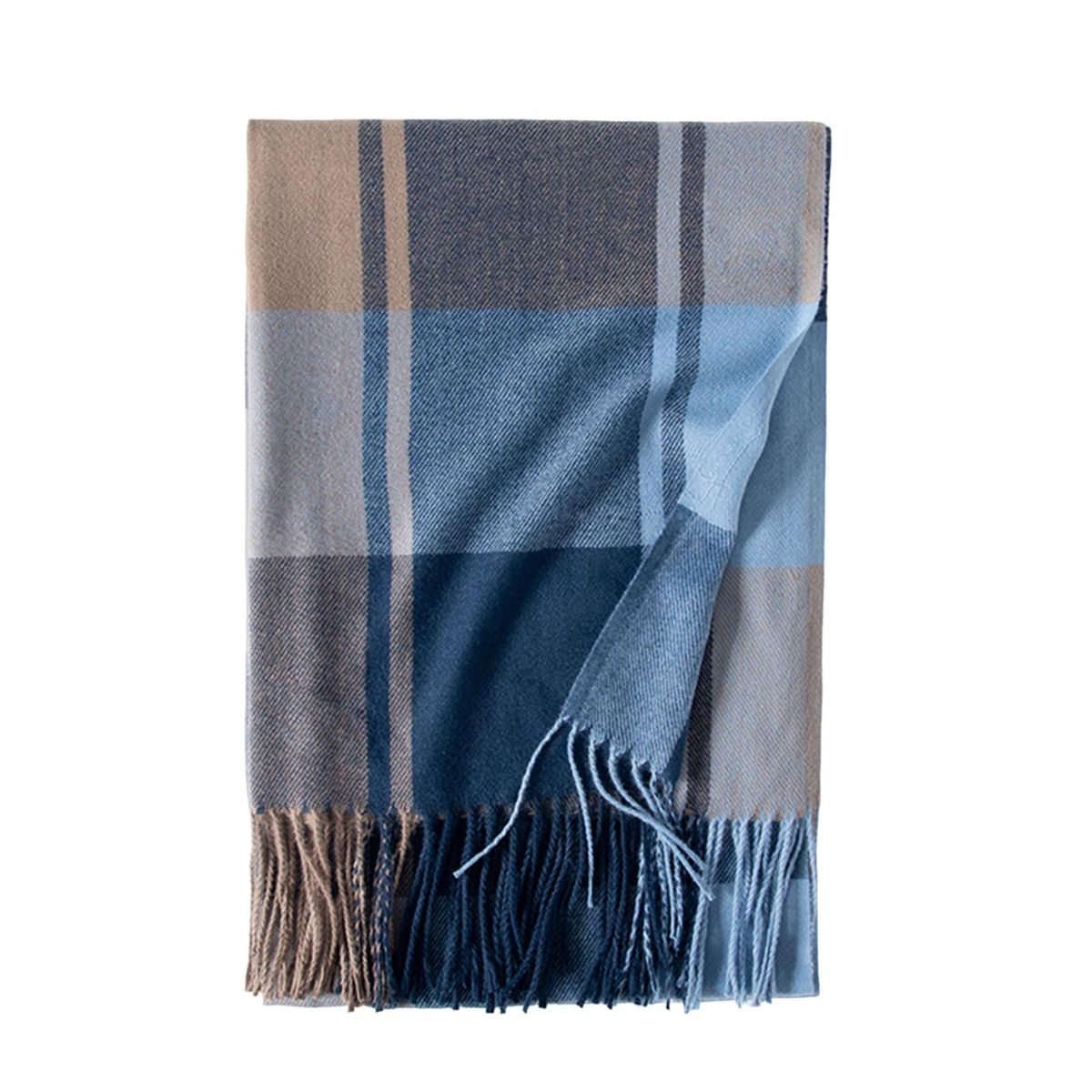 Shawl Wrap Fringed Tassels Thickened Classic Plaid-Blue