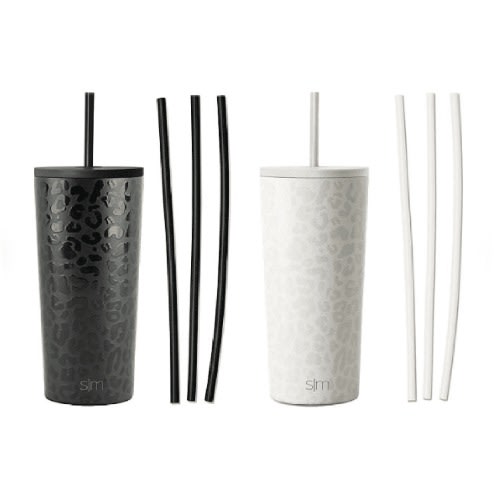 Stainless Steel Bottles With Six Bonus Straws - 2pack - 24oz - Black & White Leopard